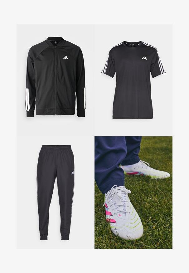 Giacca atletica nera con zip frontale, maniche raglan, logo Adidas bianco e strisce bianche sulle maniche. Tessuto liscio con polsini elasticizzati.; T-shirt nera a maniche corte con design a tre strisce bianche sulle spalle e logo sul petto. Realizzata in tessuto traspirante, con una texture liscia.; Pantaloni sportivi neri con cintura elastica, dotati di strisce bianche lungo i lati e un piccolo logo sull'anca. Tessuto liscio.; Scarpe da ginnastica bianche con superfici testurizzate, accenti verdi e rosa, e un motivo distintivo sulla suola, posizionate su dell'erba.