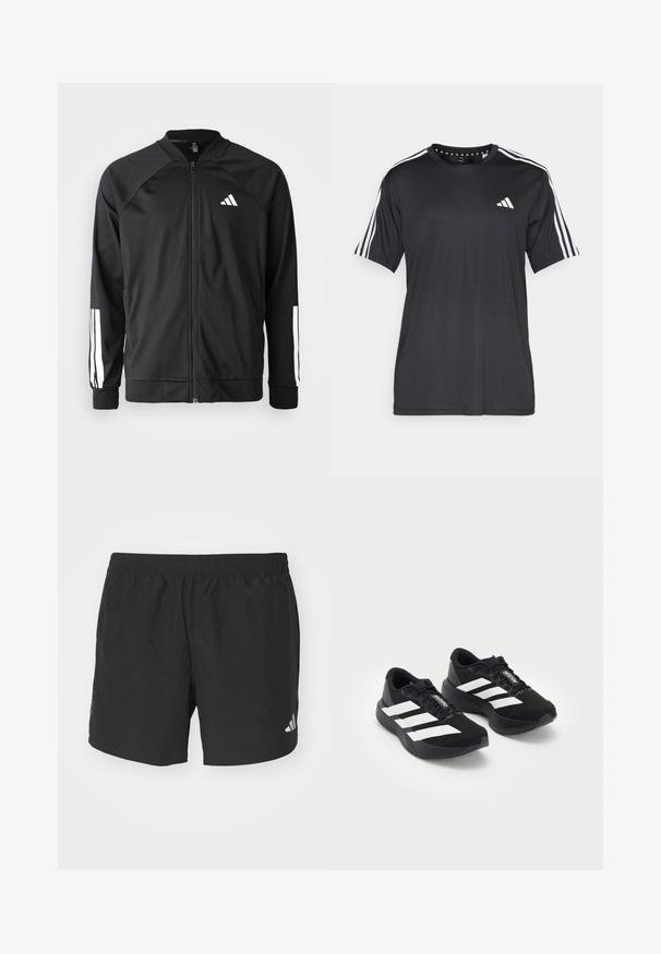 Zwarte sportjack met een rits aan de voorkant, raglanmouwen, wit Adidas-logo en witte strepen op de mouwen. Gladde stof met elastische manchetten.; Zwarte t-shirt met korte mouwen, voorzien van een witte drie-strepen design op de schouders en een logo op de borst. Gemaakt van ademend materiaal met een zachte textuur.; Zwarte sportieve shorts met een elastische tailleband, zijsplits en reflecterende logo-accenten. Gemaakt van lichte, gladde stof.; Een paar zwarte Adidas Adizero hardloopschoenen met witte strepen en veters op een witte achtergrond, zij aan zij gepositioneerd.