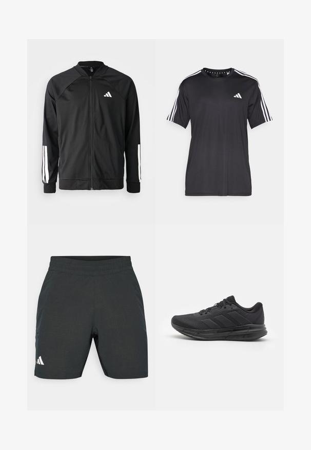 Black athletic jacket with a front zipper, raglan sleeves, white Adidas logo, and white stripes on sleeves. Smooth fabric with elastic cuffs.; Black short-sleeve t-shirt with white three-stripe design on shoulders and logo on the chest. Made from breathable fabric, smooth texture.; Black athletic shorts with a textured pattern, elastic waistband, and side pockets. Features a white logo on the lower left side.; Black athletic shoe with a mesh upper, rubber sole, textured design, and three stripes detail on the side. Foam cushioning for comfort.