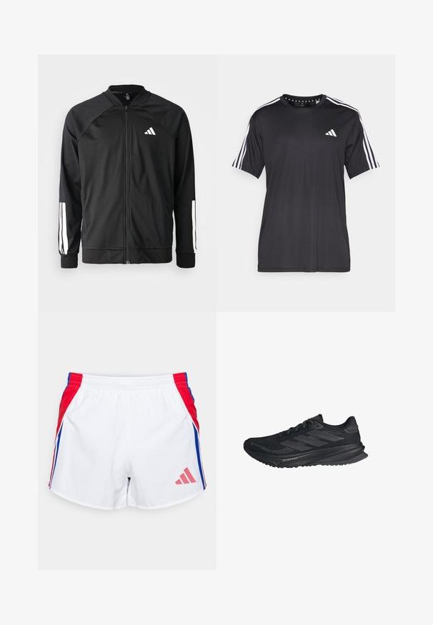 Crna sportska jakna s prednjim zatvaračem, raglan rukavima, bijelim Adidas logom i bijelim prugama na rukavima. Glatka tkanina s elastičnim manžetama.; Crna majica kratkih rukava s bijelim trostrukim dizajnom na ramenima i logotipom na prsima. Izrađena od prozračnog materijala, glatke teksture.; Bijele atletske kratke hlače s crvenim i plavim bočnim panelima, elastičnim pojasom i ružičastim Adidas logom na donjem dijelu prednje strane. Glatka tekstura tkanine.; Crne Adidas trkaće tenisice s Gore-Tex gornjim dijelom, tri pruge sa strane i "Dreamstrike" na potplatu, prikazane s vanjske strane.
