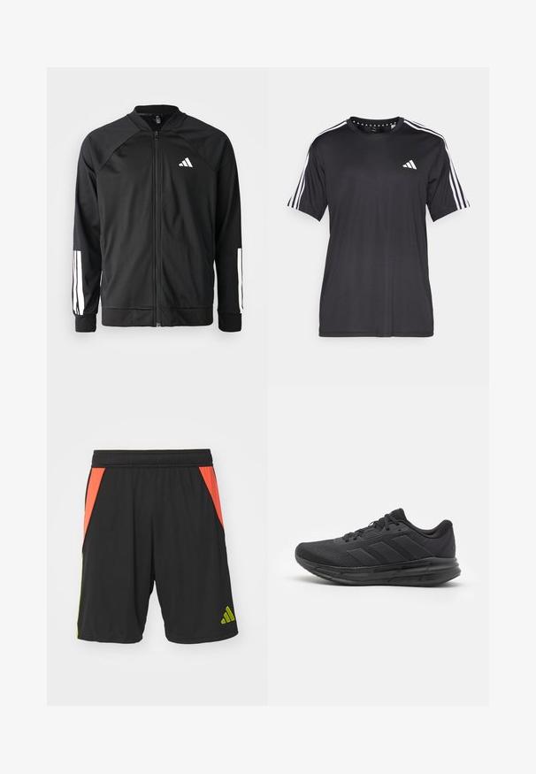 Mustar mustreeritud spordijakk, millel on ees lukuga taskud, raglanvarrukad, valge Adidas logo ja valged triibud varrukatel. Sile kangas elastsete mansettidega.; Mustaline lühikeste varrukatega t-särk musta värviga, millel on valge kolme triibu disain õlgadel ja logo rinnal. Valmistatud hingavast kangast, sile tekstuur.; Mustad mustadest polüestrist sportlikud lühikesed püksid, millel on oranž ja laimiroheline külgpanel, elastne vöökoht ja roheline logo allääres.; Must have spordijalanõud, millel on võrgust ülemine osa, kummist tald, tekstuuriga disain ja kolm triipu külgedel. Vahtpolsterdus mugavuse tagamiseks.