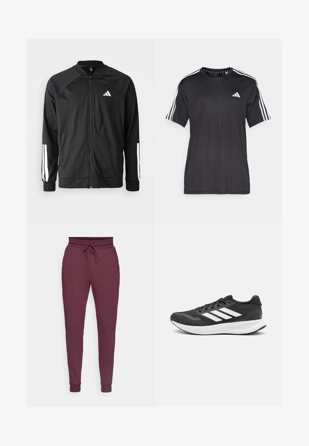 Black athletic jacket with a front zipper, raglan sleeves, white Adidas logo, and white stripes on sleeves. Smooth fabric with elastic cuffs.; Black short-sleeve t-shirt with white three-stripe design on shoulders and logo on the chest. Made from breathable fabric, smooth texture.; Burgundy joggers made of cotton blend, featuring a drawstring waist, two side pockets, and elasticated cuffs at the ankles.; Black athletic shoe with breathable mesh upper, white accents, and a cushioned sole. Features three stripes logo on the side.