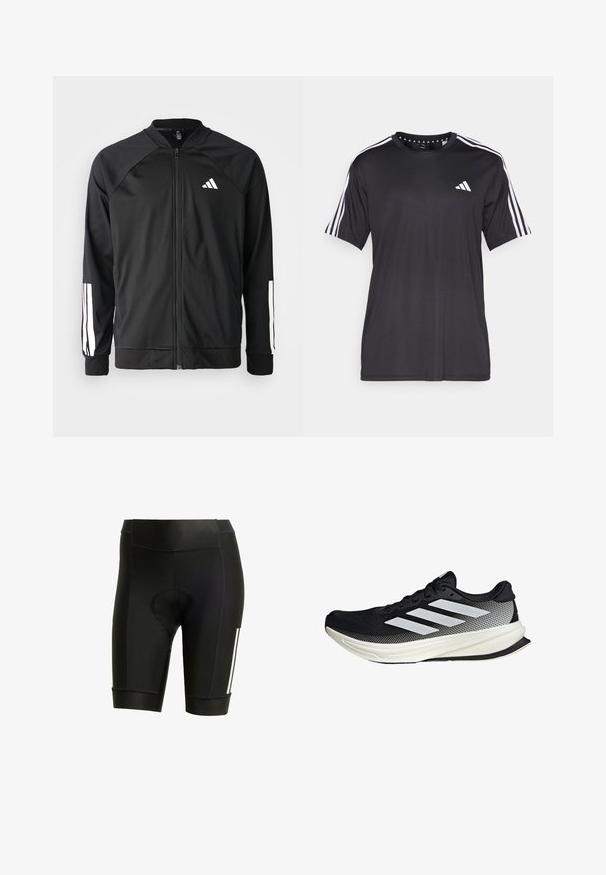 Giacca atletica nera con zip frontale, maniche raglan, logo Adidas bianco e strisce bianche sulle maniche. Tessuto liscio con polsini elasticizzati.; T-shirt nera a maniche corte con design a tre strisce bianche sulle spalle e logo sul petto. Realizzata in tessuto traspirante, con una texture liscia.; Shorts da ciclismo neri con imbottitura, realizzati in tessuto elasticizzato. Presentano un design elegante con strisce bianche e cuciture piatte.; Scarpa sportiva nera con design in rete, caratterizzata da strisce bianche, punta arrotondata e suola testurizzata per aderenza e supporto.