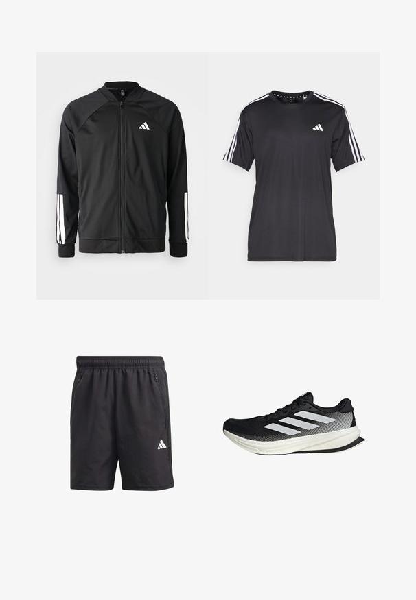 Veste de sport noire avec fermeture éclair à l'avant, manches raglan, logo Adidas blanc et bandes blanches sur les manches. Tissu lisse avec des poignets élastiques.; T-shirt noir à manches courtes avec un design à trois bandes blanches sur les épaules et un logo sur la poitrine. Fabriqué en tissu respirant, texture lisse.; Shorts de sport noirs avec une taille élastique, des poches zippées sur les côtés et un logo blanc sur la jambe gauche. Texture légère et lisse.; Chaussure de sport noire avec un design en maille, ornée de rayures blanches, à bout arrondi et avec une semelle texturée pour une meilleure adhérence et un soutien accru.