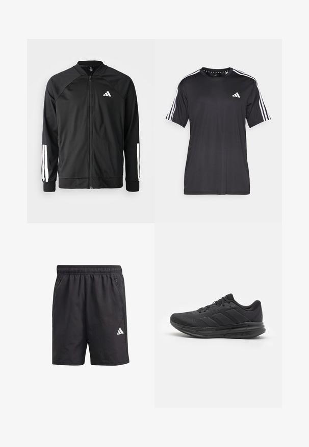 Mustar mustreeritud spordijakk, millel on ees lukuga taskud, raglanvarrukad, valge Adidas logo ja valged triibud varrukatel. Sile kangas elastsete mansettidega.; Mustaline lühikeste varrukatega t-särk musta värviga, millel on valge kolme triibu disain õlgadel ja logo rinnal. Valmistatud hingavast kangast, sile tekstuur.; Mustad mustad lühikesed püksid elastse vöökohtaga, küljepeegli taskud ja valge logo vasakul jalal. Kerged, siledad tekstuurid.; Must have spordijalanõud, millel on võrgust ülemine osa, kummist tald, tekstuuriga disain ja kolm triipu külgedel. Vahtpolsterdus mugavuse tagamiseks.