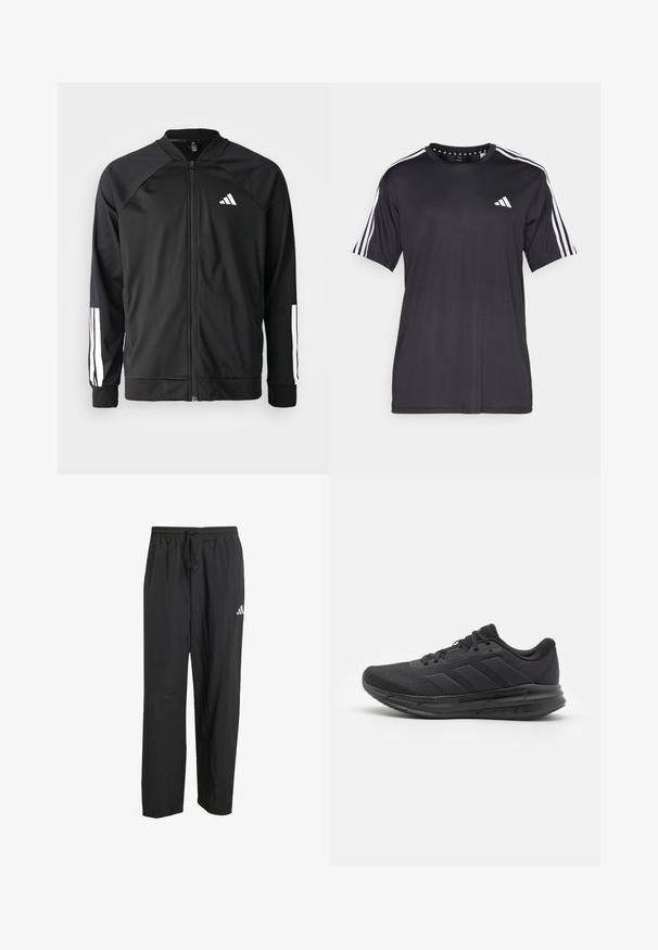 Casaco atlético preto com fecho na frente, mangas raglan, logotipo Adidas branco e riscas brancas nas mangas. Tecido suave com punhos elásticos.; T-shirt preta de mangas curtas com um design de três riscas brancas nos ombros e logótipo no peito. Feita de um tecido respirável, de textura suave.; Calças atléticas pretas feitas de tecido leve, apresentando uma cintura elástica com cordão e um pequeno logotipo branco em uma perna.; Shoe atlético preto com parte superior em malha, sola de borracha, design texturizado e detalhe de três riscas na lateral. Almofadado em espuma para conforto.
