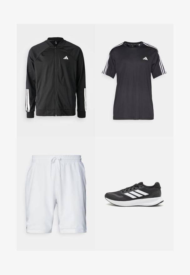 Črna atletska jakna z zadrgo spredaj, raglan rokavi, belo Adidas logo in bele črte na rokavih. Gladek material z elastičnimi manšetami.; Črna majica s kratkimi rokavi z belim dizajnom treh črt na ramenih in logotipom na prsih. Narejena iz zračnega materiala, gladke teksture.; Beli športni kratki hlače z elastičnim pasom in prilagodljivo vrvico. Gladko blago z rahlo teksturo, z bočnimi žepi.; Črne športne čevlje z zračnim mrežastim zgornjim delom, belimi akcenti in oblazinjeno podplatom. Imajo tri črte logo na strani.