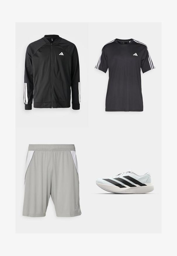 Fekete sportdzseki elől cipzárral, raglán ujjaival, fehér Adidas logóval és fehér csíkokkal az ujjakon. Simakészletű anyag rugalmas mandzsettákkal.; Fekete, rövid ujjú póló, fehér háromcsíkos mintával a vállakon és logóval a mellkasán. Lélegző anyagból készült, sima tapintású.; Szürke sportos rövidnadrág könnyű anyagból, fehér oldalsón lévő panelekkel, elasztikus derékpánttal és egy kis logóval az alsó sarokban.; Világoskék, fekete csíkos könnyű futószerek. Simább felső résszel, kerek orral és vastag fehér középtalppal, amelyen a "LIGHTSTRIKE PRO" felirat olvasható.