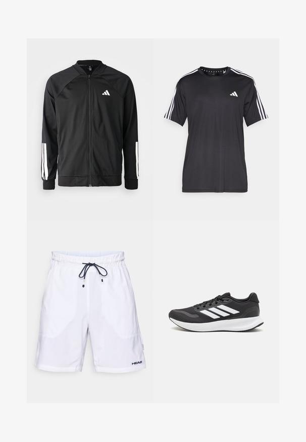 Schwarze Sportjacke mit einem Frontreißverschluss, Raglanärmeln, weißem Adidas-Logo und weißen Streifen an den Ärmeln. Glattes Gewebe mit elastischen Bündchen.; Schwarzes T-Shirt mit kurzen Ärmeln und weißem Dreistrichdesign an den Schultern sowie Logo auf der Brust. Hergestellt aus atmungsaktivem Stoff, glatte Textur.; Weiße Badshorts mit einem Kordelzugbund und marineblauen Akzenten, ausgestattet mit Seitentaschen und einem Logo unten links. Leichtes Material.; Schwarzer Sportschuh mit atmungsaktivem Mesh-Obermaterial, weißen Akzenten und einer gepolsterten Sohle. Mit drei Streifen-Logo an der Seite.