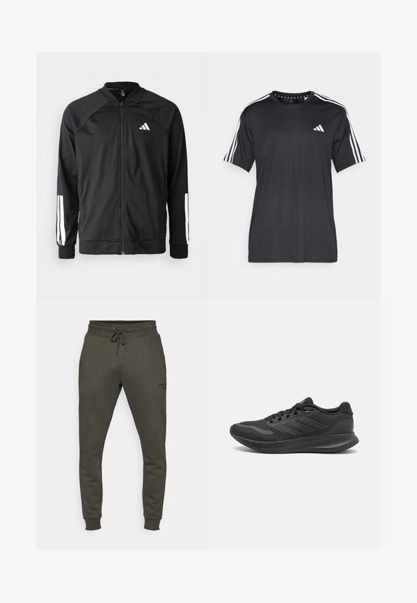 Crna sportska jakna s prednjim zatvaračem, raglan rukavima, bijelim Adidas logom i bijelim prugama na rukavima. Glatka tkanina s elastičnim manžetama.; Crna majica kratkih rukava s bijelim trostrukim dizajnom na ramenima i logotipom na prsima. Izrađena od prozračnog materijala, glatke teksture.; Tamno maslinasto zelene trenirke izrađene od mekog materijala, s elastičnim pojasom sa vezicom i rebrastim manžetama; diskretan logo detalj na nozi.; Crne atletske tenisice s mrežastim gornjim dijelom, glatkim tekstilnim detaljima, okruglim vrhom, ravnim vezicama i teksturiranim gumenim potplatom za bolje prianjanje.