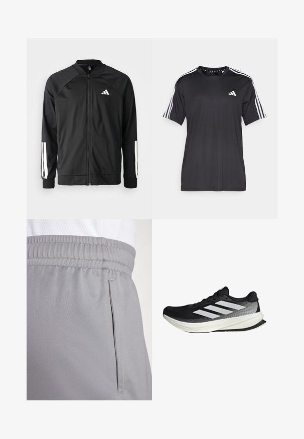 Čierna športová bunda s predným zipsom, raglánovými rukávmi, bielym logom Adidas a bielymi pruhmi na rukávoch. Hladká tkanina s elastickými manžetami.; Čierne tričko s krátkym rukávom s bielym trojprúžkom na pleciach a logom na hrudi. Vyrobené z priedušného materiálu, hladká textura.; Šedé športové šortky vyrobené z ľahkej tkaniny, s elastickým pásom a bočnou vreckom. Hladká textura s jemnými švovými detailami.; Čierna atletická topánka s dizajnom z mriežky, s bielymi prúžkami, zaoblenou špičkou a textúrovanou podrážkou pre lepšiu priľnavosť a podporu.
