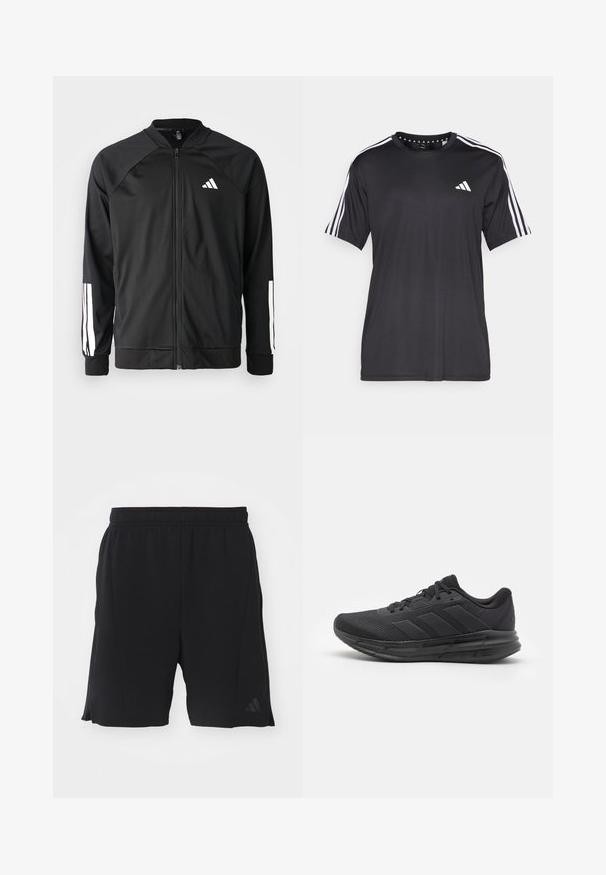 Fekete sportdzseki elől cipzárral, raglán ujjaival, fehér Adidas logóval és fehér csíkokkal az ujjakon. Simakészletű anyag rugalmas mandzsettákkal.; Fekete, rövid ujjú póló, fehér háromcsíkos mintával a vállakon és logóval a mellkasán. Lélegző anyagból készült, sima tapintású.; Fekete sportos rövidnadrág, könnyű anyagból készült, elasztikus derékbőséggel. Oldalsó szellőzőnyílásokkal és diszkrét logóval a bal lábon.; Fekete sportcipő, hálós felsőrésszel, gumitalppal, textúrált dizájnnal és háromcsíkos részlettel az oldalon. Habpárnázás a kényelem érdekében.