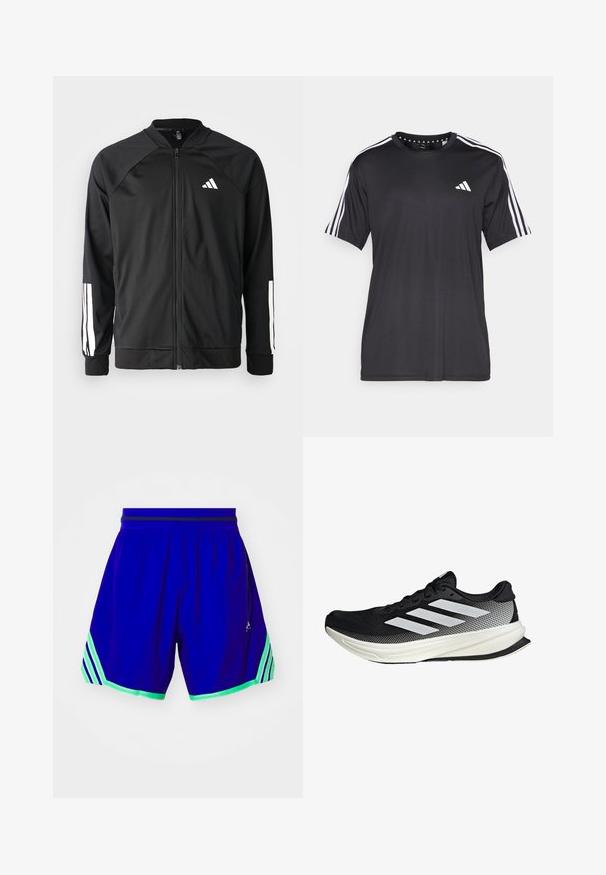 Chaqueta deportiva negra con cremallera frontal, mangas raglán, logo de Adidas en blanco y rayas blancas en las mangas. Tejido suave con puños elásticos.; Camiseta negra de manga corta con diseño de tres franjas blancas en los hombros y logo en el pecho. Fabricada con un tejido transpirable y de textura suave.; Pantalones cortos deportivos azules con una textura de malla, que presentan detalles verdes y tres rayas blancas en cada lado. Cintura elástica para mayor comodidad.; Zapato deportivo negro con un diseño de malla, que presenta rayas blancas, una puntera redondeada y una suela texturizada para agarre y soporte.