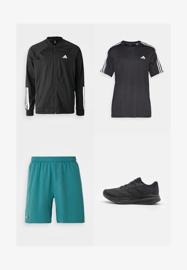 Veste de sport noire avec fermeture éclair à l'avant, manches raglan, logo Adidas blanc et bandes blanches sur les manches. Tissu lisse avec des poignets élastiques.; T-shirt noir à manches courtes avec un design à trois bandes blanches sur les épaules et un logo sur la poitrine. Fabriqué en tissu respirant, texture lisse.; Shorts de sport en teinte bleu sarcelle avec une taille élastique, portant une petite étiquette "Climacool" près de l'ourlet sur la jambe gauche, présentés sur fond blanc.; Chaussure de sport noire avec une tige en mesh, semelle en caoutchouc, design texturé et détail de trois bandes sur le côté. Rembourrage en mousse pour le confort.