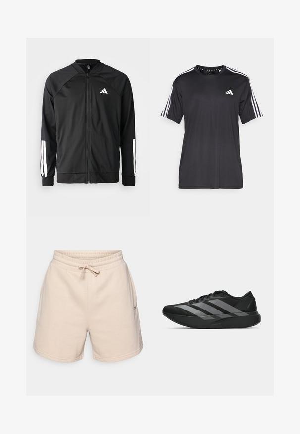 Black athletic jacket with a front zipper, raglan sleeves, white Adidas logo, and white stripes on sleeves. Smooth fabric with elastic cuffs.; Black short-sleeve t-shirt with white three-stripe design on shoulders and logo on the chest. Made from breathable fabric, smooth texture.; Beige cotton shorts with an elastic waistband, adjustable drawstring, and two side pockets. Features a small logo on the side.; Black athletic shoes with a lightweight design, featuring three prominent gray stripes, a smooth texture, and a contoured sole.