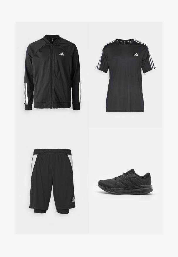 Fekete sportdzseki elől cipzárral, raglán ujjaival, fehér Adidas logóval és fehér csíkokkal az ujjakon. Simakészletű anyag rugalmas mandzsettákkal.; Fekete, rövid ujjú póló, fehér háromcsíkos mintával a vállakon és logóval a mellkasán. Lélegző anyagból készült, sima tapintású.; Fekete sportnadrág könnyű anyagból, fehér oldalsó panelek, rugalmas derékrész és fényvisszaverő logó részlet az alsó bal oldalon.; Fekete sportcipő, hálós felsőrésszel, gumitalppal, textúrált dizájnnal és háromcsíkos részlettel az oldalon. Habpárnázás a kényelem érdekében.
