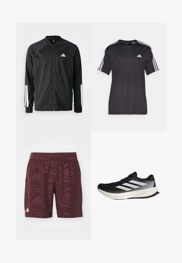 Zwarte sportjack met een rits aan de voorkant, raglanmouwen, wit Adidas-logo en witte strepen op de mouwen. Gladde stof met elastische manchetten.; Zwarte t-shirt met korte mouwen, voorzien van een witte drie-strepen design op de schouders en een logo op de borst. Gemaakt van ademend materiaal met een zachte textuur.; Bordeaux sportshorts met een golvend patroon, een elastische tailleband, zijzakken en een wit Adidas-logo aan de onderkant aan de linkerzijde.; Zwarte sportieve schoen met een mesh ontwerp, voorzien van witte strepen, een ronde neus en een gestructureerde zool voor grip en ondersteuning.