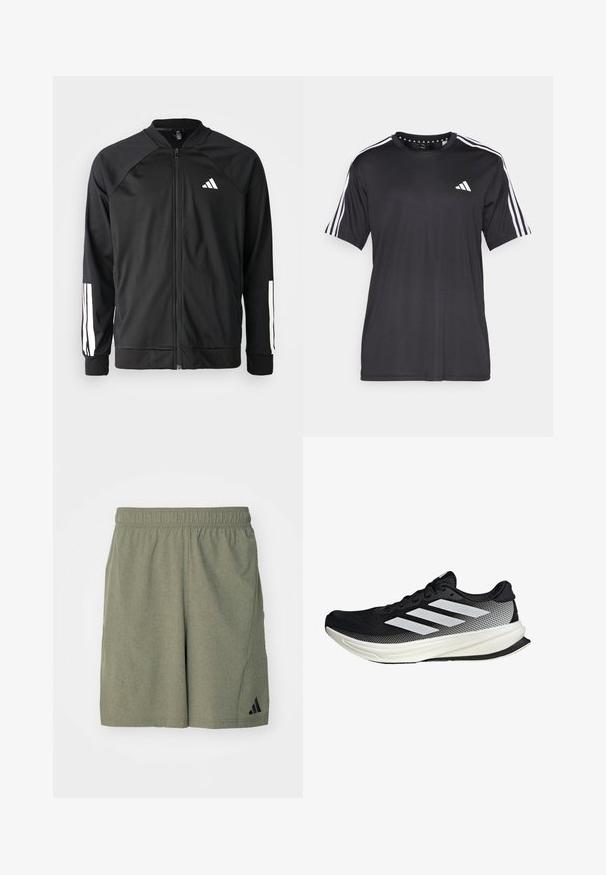 Zwarte sportjack met een rits aan de voorkant, raglanmouwen, wit Adidas-logo en witte strepen op de mouwen. Gladde stof met elastische manchetten.; Zwarte t-shirt met korte mouwen, voorzien van een witte drie-strepen design op de schouders en een logo op de borst. Gemaakt van ademend materiaal met een zachte textuur.; Olijfgroene sportshorts gemaakt van gestructureerde stof, met een elastische tailleband en een zwart logo aan de linkeronderzijde.; Zwarte sportieve schoen met een mesh ontwerp, voorzien van witte strepen, een ronde neus en een gestructureerde zool voor grip en ondersteuning.