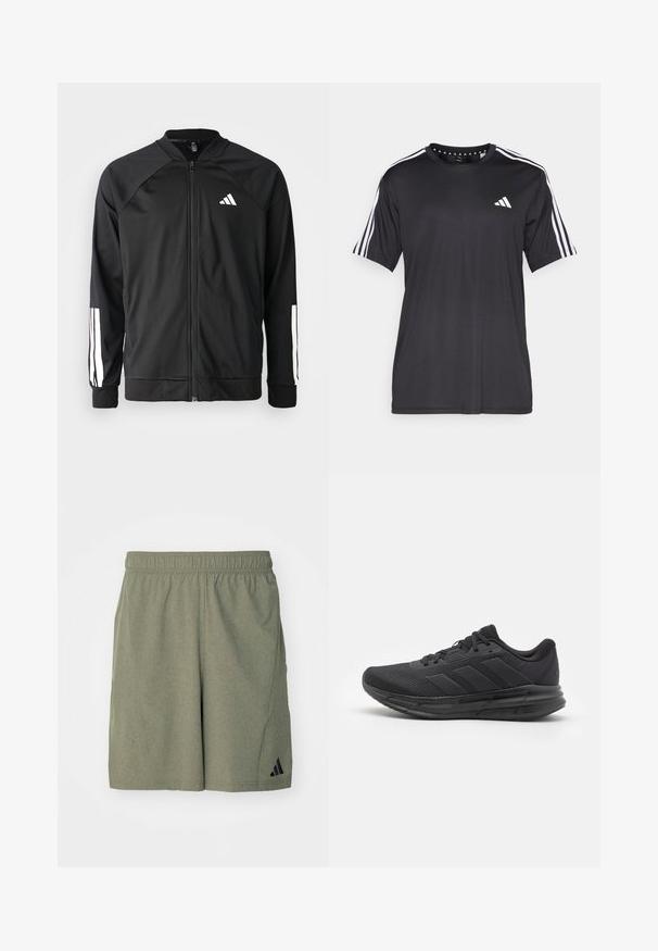 Svart treningsjakke med frontglidelås, raglanermer, hvit Adidas-logo og hvite striper på ermene. Glatt stoff med elastiske mansjetter.; Svart kortermet t-skjorte med hvit tre-stripesdesign på skuldrene og logo på brystet. Laget av pustevennlig stoff med glatt tekstur.; Olivenfargede treningsshorts laget av teksturert stoff, med elastisk midjebånd og en svart logo på nederste venstre side.; Svart idrettssko med mesh-overdel, gummisåle, teksturert design og tre striper på siden. Skummende polstring for komfort.
