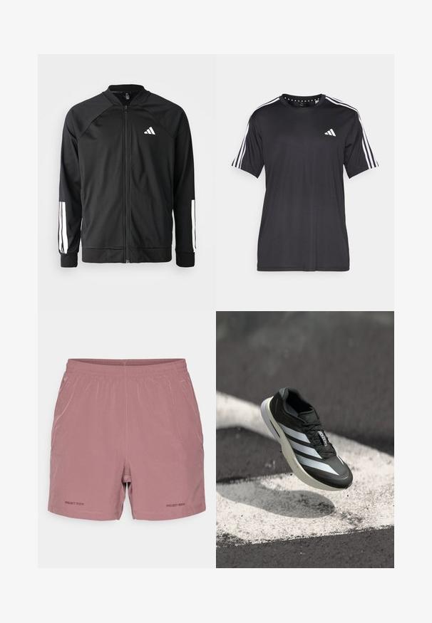 Čierna športová bunda s predným zipsom, raglánovými rukávmi, bielym logom Adidas a bielymi pruhmi na rukávoch. Hladká tkanina s elastickými manžetami.; Čierne tričko s krátkym rukávom s bielym trojprúžkom na pleciach a logom na hrudi. Vyrobené z priedušného materiálu, hladká textura.; Svetloružové atletické šortky s elastickým pásom, minimálne švy a logom „PROJECT ROCK“ potlačeným v dolnom ľavom rohu.; Čierna športová obuv s tromi bielymi pruhmi, textúrovaným zvrškom, štíhlym dizajnom a zakrivenou podrážkou, umiestnená nad bielou čiarou na asfaltovom povrchu.