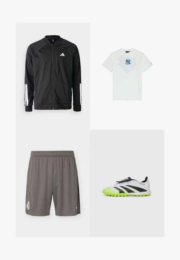 Zwarte sportjack met een rits aan de voorkant, raglanmouwen, wit Adidas-logo en witte strepen op de mouwen. Gladde stof met elastische manchetten.; Witte katoenen T-shirt met een ronde halslijn, voorzien van een blauw NY-logo op de voorkant en een subtiel grafisch patroon erachter. Korte mouwen.; adidas Performance REAL MADRID 3RD SHORT - Fanartikel - charcoal; Witte en zwarte voetbalschoenen met neon groene accenten. Gelaagd bovenmateriaal, zwarte strepen en gevormde noppen op een contrasterende levendige zool.