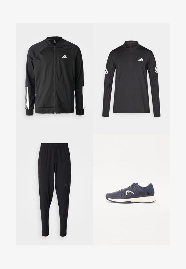 Čierna športová bunda s predným zipsom, raglánovými rukávmi, bielym logom Adidas a bielymi pruhmi na rukávoch. Hladká tkanina s elastickými manžetami.; Čierna košeľa s dlhým rukávom a polovičným zipsom na krku; na hrudi má biely logotyp Adidas a na každom rukáve tri biele pruhy.; Čierne športové nohavice s elastickým pásom, zúženým strihom, bočnými vreckami a nenápadným logom. Vyrobené z flexibilnej, priedušnej tkaniny.; Námornícka športová obuv s textúrovaným dizajnom a bielym logom. Obsahuje polstrovanú podrážku a tmavomodré akcenty na vrchu a päte.