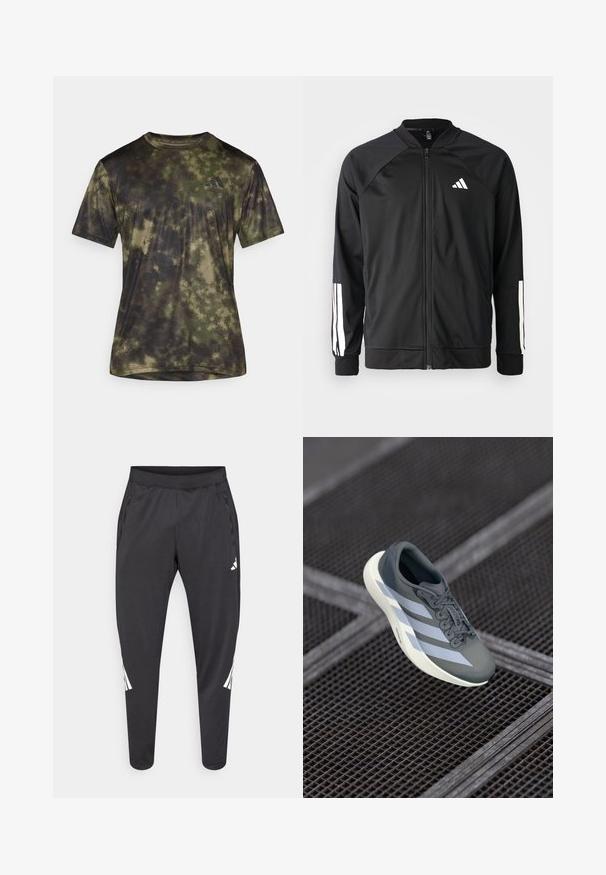 Čierna športová bunda s predným zipsom, raglánovými rukávmi, bielym logom Adidas a bielymi pruhmi na rukávoch. Hladká tkanina s elastickými manžetami.; adidas Performance SEA TEE - Športové tričko - olive strata; Čierne športové nohavice so zúženými nohavicami, elastickým pásom, bočnými vreckami a bielym logom a pruhmi. Vyrobené z hladkého, ľahkého materiálu.; Športová obuv v šedej a bielej farbe, vyrobená z umelých materiálov, s aerodynamickým dizajnom, textúrovaným povrchom a výrazným šnurovacím systémom.