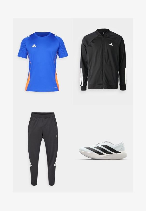 Svart sportjacka med framdraget blixtlås, raglanärmar, vitt Adidas-logotyp och vita ränder på ärmarna. Slät tyg med elastiska mudd.; adidas Performance TIRO24 JERSEY - T-shirt till träning - lucid blue/white/app solar red; Svarta sportbyxor med avsmalnande ben, elastisk midja, sidofickor samt vitt logotyp- och randdetalj. Tillverkade av ett mjukt, lätt material.; Lätta löparskor i ljusblått med svarta ränder. Har en slät ovandel, rund tå och tjock vit mellansula märkt "LIGHTSTRIKE PRO."