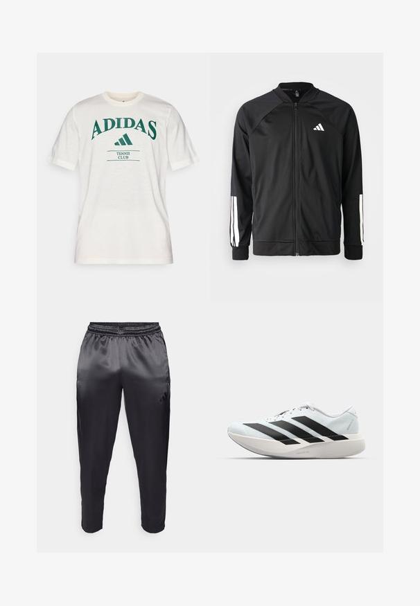 Casaco atlético preto com fecho na frente, mangas raglan, logotipo Adidas branco e riscas brancas nas mangas. Tecido suave com punhos elásticos.; Camiseta de algodão branca com texto verde "ADIDAS", apresentando um decote redondo e mangas curtas. Inclui "TENNIS CLUB" por baixo do logotipo.; Calças atléticas pretas feitas de um tecido leve e suave com um cós elástico. Apresenta um pequeno logótipo no lado esquerdo e pernas ajustadas.; Tênis de corrida leves em azul pálido com riscas pretas. Apresentam um cabedal liso, bico redondo e uma entressola espessa branca rotulada como "LIGHTSTRIKE PRO."