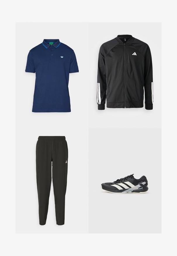Juodas sportinis džemperis su priekiniais užtrauktukais, raglano stiliaus rankovėmis, balta Adidas logotipu ir baltais juostelėmis ant rankovių. Lygus audinys su elastingomis rankovėmis.; Jūrininkų polo marškiniai, pagaminti iš medvilnės, su mėlynu kontrastiniu apykaklė ir mažu išsiuvinėtu ženklu krūtinėje. Trumpomis rankovėmis ir standartinio kirpimo.; Juodos sportinės kelnės su elastingu liemeniu, siauro kirpimo, baltu logotipu kairėje kojoje. Lygus, lengvas audinys.; Juoda sportinė avalynė su baltais dryžiais, tinklinis viršus, apvalus pirštas ir paminkštinta padais. Yra tekstūruota kulno dalis ir saugi raištelių sistema.