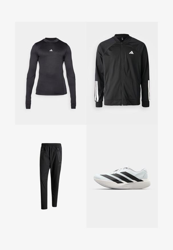 Černá sportovní bunda s předním zipem, raglánovými rukávy, bílým logem Adidas a bílými pruhy na rukávech. Hladká tkanina s elastickými manžetami.; Černé sportovní tričko s dlouhým rukávem, slim fit, kulatým výstřihem a bílým logem Adidas na hrudi. Hladká, elastická tkanina.; Černé sportovní kalhoty s elastickým pasem, dvěma zipovými bočními kapsami, zúženými nohavicemi a decentním logem na boku.; Lehké běžecké boty v světle modré barvě s černými pruhy. Mají hladký svršek, kulatou špičku a silnou bílou mezipodešev označenou "LIGHTSTRIKE PRO."