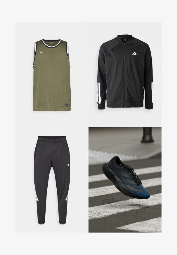 Crna sportska jakna s prednjim zatvaračem, raglan rukavima, bijelim Adidas logom i bijelim prugama na rukavima. Glatka tkanina s elastičnim manžetama.; Maslinasto zelena mrežasta bezrukavna majica s crnim i bijelim detaljima, koja sadrži oznaku s logotipom na rubu i prozračnu tkaninu za udobnost.; Crne sportske hlače suženih nogavica, s elastičnim pojasom, bočnim džepovima te bijelim logom i prugama kao detaljima. Izrađene od glatkog, laganog materijala.; Crna i plava sportska cipela sa zakrivljenim dizajnom, teksturiranom gornjom stranom, kontrastnim prugama i jastučićem u potplatu, lebdi iznad pločnika.