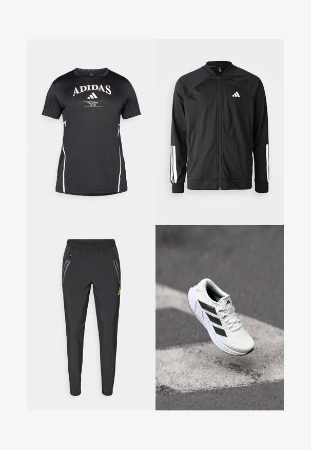 Casaco atlético preto com fecho na frente, mangas raglan, logotipo Adidas branco e riscas brancas nas mangas. Tecido suave com punhos elásticos.; Camisola de treino preta da Adidas com mangas curtas, apresentando texto de logotipo branco e acentos laterais. Textura suave e corte atlético.; adidas Performance REAL MADRID TIRO25 PRO VIS TECH TRAVEL PANT - Roupa de discoteca - black/lucid lemon; Shoe atlético branco com parte superior em malha texturizada, riscas pretas, fecho de atacadores e sola almofadada, a flutuar acima de uma superfície de estrada marcada.