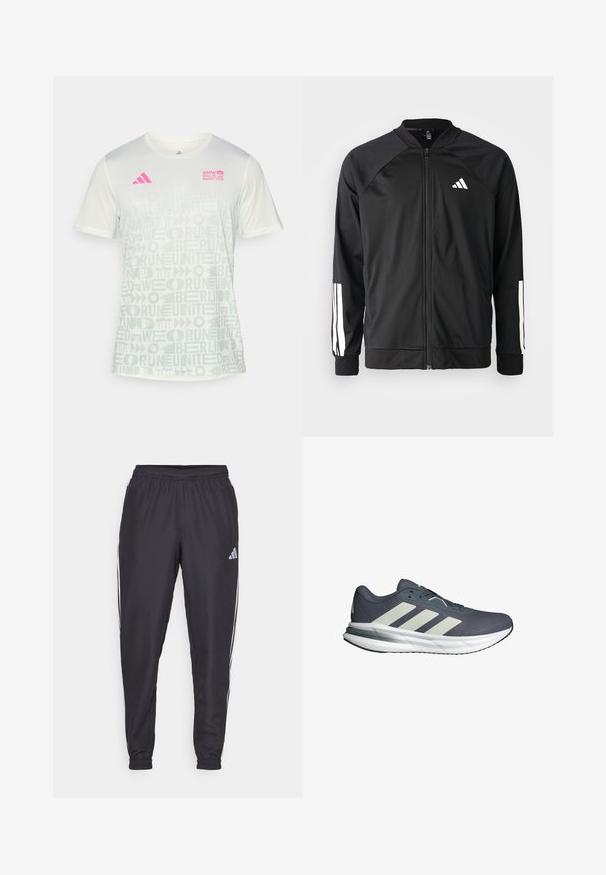 Čierna športová bunda s predným zipsom, raglánovými rukávmi, bielym logom Adidas a bielymi pruhmi na rukávoch. Hladká tkanina s elastickými manžetami.; adidas Performance BER25 AOP TEE - Športové tričko - crystal jade; Čierne športové nohavice s elastickým pásom, s bielymi pruhmi po bokoch a malým logom na boku. Hladká textúra.; Športové topánky s priedušným námorníckym sieťovaným zvrškom, tromi bielymi diagonálnymi pruhmi, polstrovanou bielou podrážkou a štruktúrovanou šedou vonkajšou podrážkou.