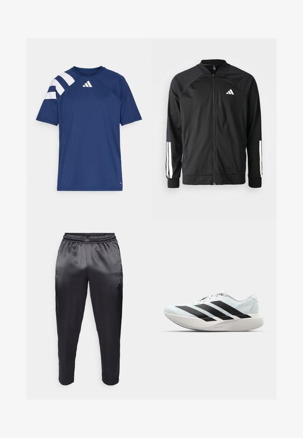 Černá sportovní bunda s předním zipem, raglánovými rukávy, bílým logem Adidas a bílými pruhy na rukávech. Hladká tkanina s elastickými manžetami.; Námořnický modrý sportovní tričko vyrobené z texturované látky, s bílými pruhy na levém rameni a malým logem poblíž výstřihu.; Černé sportovní kalhoty z hladké, lehké látky s elastickým pasem. Obsahují malé logo na levé straně a zúžené nohavice.; Lehké běžecké boty v světle modré barvě s černými pruhy. Mají hladký svršek, kulatou špičku a silnou bílou mezipodešev označenou "LIGHTSTRIKE PRO."