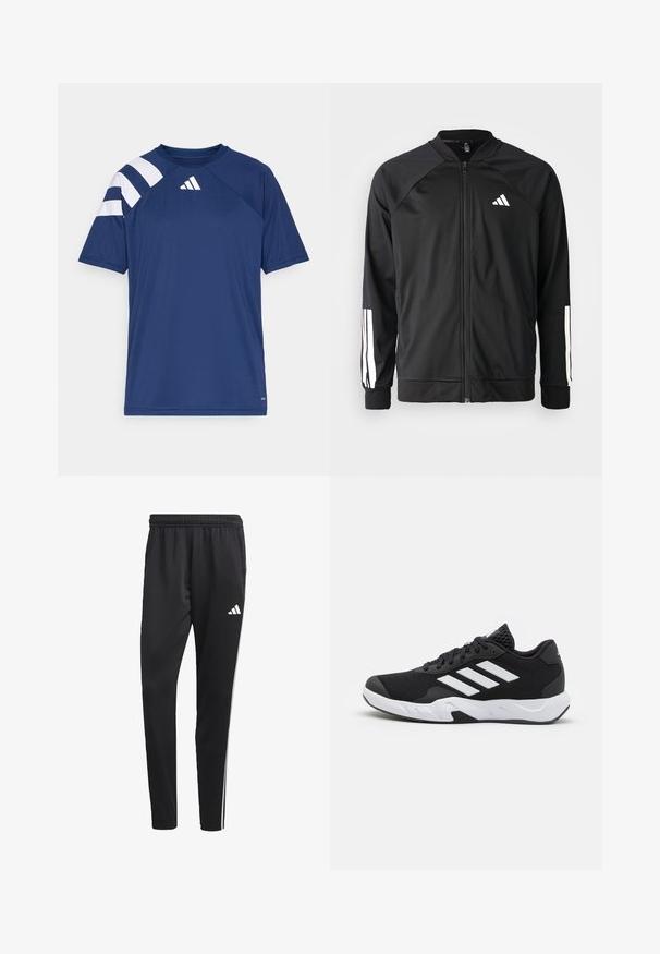 Svart sportjacka med framdraget blixtlås, raglanärmar, vitt Adidas-logotyp och vita ränder på ärmarna. Slät tyg med elastiska mudd.; Mörkblå atletisk t-shirt i texturerat tyg, med vita ränder på vänster axel och en liten logotyp vid halsringningen.; Svarta träningsbyxor med elastisk midja, vita sidostreck och en liten vit logotyp på låret. Tillverkade av ett slätt, lätt material.; Svarta sportskor med ett texturerat nätövre, vita accentlinjer, en dämpad sula och en förstärkt häl för stöd.