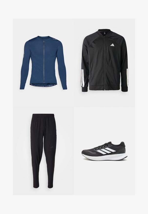 Svart treningsjakke med frontglidelås, raglanermer, hvit Adidas-logo og hvite striper på ermene. Glatt stoff med elastiske mansjetter.; Marineblå langermet sykkeltrøye med frontglidelås, logodetalj på skulderen og kontrasttekst på bunnen. Glatt stofftekstur.; Svarte treningsbukser med elastisk midje, smal design, sidelommer og subtil logo. Laget av fleksibelt, pustende stoff.; Svarte sportsko med pustende mesh-overdel, hvite detaljer og en polstret såle. Har tre striper-logo på siden.