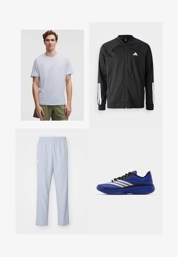 Melna sporta jaka ar priekšējo rāvējslēdzēju, raglanu piedurknēm, baltu Adidas logo un baltām svītrām uz piedurknēm. Gluda auduma sastāvs ar elastīgām aprocēm.; Gaiši zilas īsām piedurknēm sportiskā T-kreklā, kas izgatavots no viegla auduma. Tam ir apaļš kakla izgriezums un gluda tekstūra ar minimālām šuvēm.; Gaiši zili sporta bikses ar elastīgu jostu, sānu kabatām un potīšu rāvējslēdzējiem. Uz kreisā augšstilba ir balts logo.; adidas Performance ADIZERO SELECT 3.0 - Basketbola apavi - lucid blue/core black/metallic