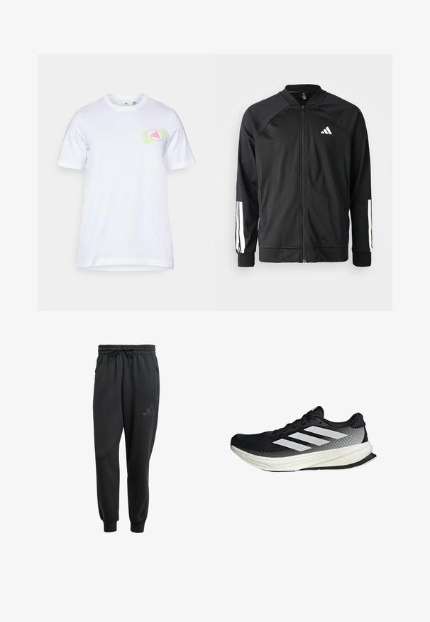 Crna sportska jakna s prednjim zatvaračem, raglan rukavima, bijelim Adidas logom i bijelim prugama na rukavima. Glatka tkanina s elastičnim manžetama.; Bjela pamučna majica s kratkim rukavima. Ima grafički dizajn u svijetlo ružičastoj i zelenoj boji na lijevoj strani grudi, koji podsjeća na logo.; Crne trenirke s elastičnim pojasom, zatvaranjem na vezicu, bočnim patentnim džepovima i diskretnim logom otisnutim na lijevom bedru.; Crna atletska cipela s mrežastim dizajnom, koja ima bijele pruge, zaobljeni vrh i teksturiranu potplate za prianjanje i potporu.