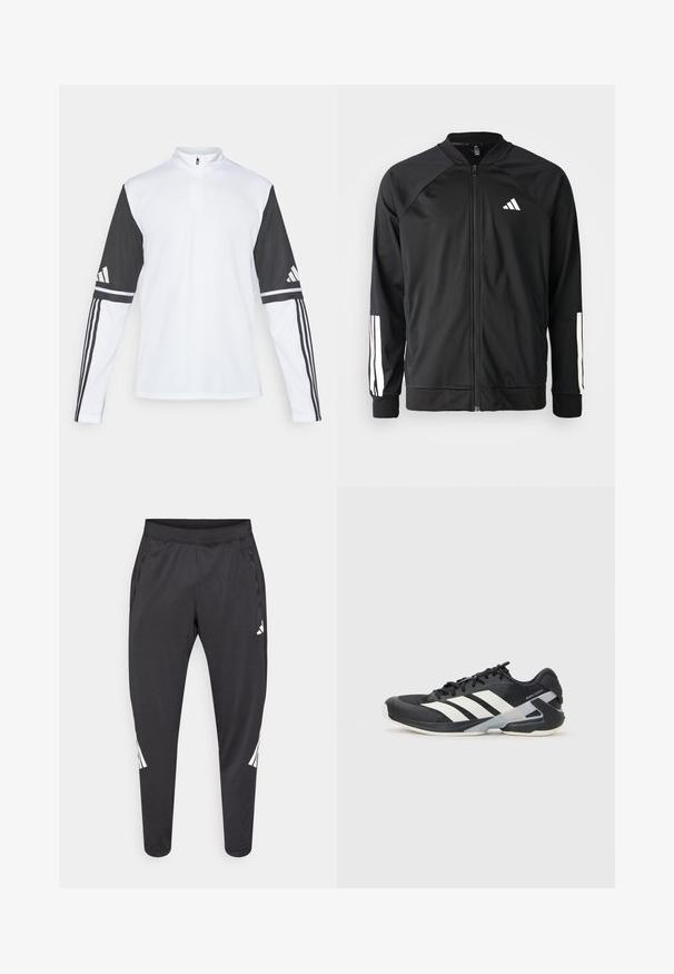 Zwarte sportjack met een rits aan de voorkant, raglanmouwen, wit Adidas-logo en witte strepen op de mouwen. Gladde stof met elastische manchetten.; Langsleeve atletisch shirt met een witte romp en zwarte mouwen, met een kwart-rits hals, Adidas-logo en contrasterende strepen op de armen.; Zwarte sportbroek met taps toelopende pijpen, elastische tailleband, zijzakken en witte logo- en streepdetails. Gemaakt van een glad, licht materiaal.; Zwarte sportschoen met witte strepen, bovenwerk van mesh, ronde neus en geveerde zool. Heeft een getextureerde hak en een veilig vetersysteem.