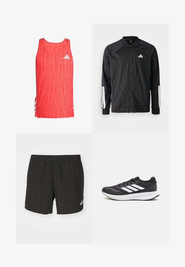 Černá sportovní bunda s předním zipem, raglánovými rukávy, bílým logem Adidas a bílými pruhy na rukávech. Hladká tkanina s elastickými manžetami.; Červený sportovní top bez rukávů s texturovaným vzorem, kulatým výstřihem a bílým logem Adidas. Boční rozparky odhalují bílé pruhy pro zvýšení detailu.; Černé sportovní šortky s elastickým pasem, bočními rozparky a reflexními akcenty loga. Vyrobené z lehkého a hladkého materiálu.; Černá sportovní obuv s prodyšným síťovaným svrškem, bílými akcenty a polstrovanou podrážkou. Na boku se nachází logo se třemi pruhy.