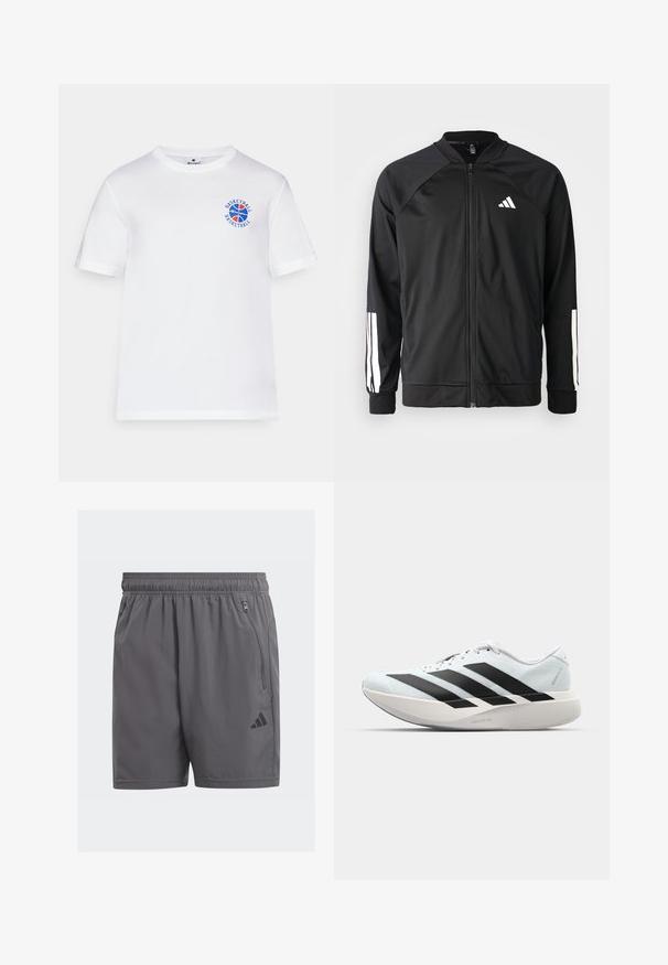 Chaqueta deportiva negra con cremallera frontal, mangas raglán, logo de Adidas en blanco y rayas blancas en las mangas. Tejido suave con puños elásticos.; Camiseta de algodón blanca con mangas cortas, que presenta un gráfico de baloncesto en azul y rojo y texto, diseño de cuello redondo y dobladillo recto.; Bermudas deportivas grises con cintura elástica, bolsillos laterales con cremallera y un detalle de logo negro. Textura ligera y suave, y de longitud hasta la rodilla.; Zapatillas de running ligeras en azul pálido con rayas negras. Presentan una parte superior suave, puntera redonda y una gruesa mediasuela blanca etiquetada como "LIGHTSTRIKE PRO".