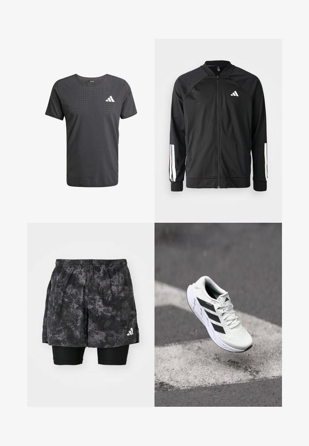 Svart sportjacka med framdraget blixtlås, raglanärmar, vitt Adidas-logotyp och vita ränder på ärmarna. Slät tyg med elastiska mudd.; Svart tränings T-shirt för herrar med rund halsringning, med ett perforerat mönster och en vit logotyp på vänster bröst. Tillverkad av lättviktsmaterial.; Svarta atletiska shorts med ett marmorprint och inre kompressionsshorts. Har en elastisk midja och en liten vit logga på sidan.; Vitt sportskor med strukturerad mesh-överkant, svarta ränder, snörning och en dämpad sula, svävande över en markerad väg.