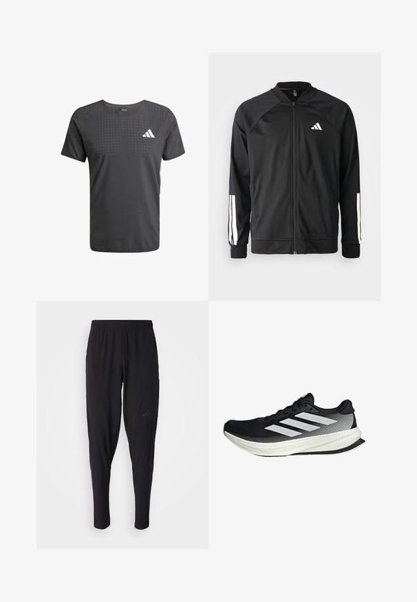 Schwarze Sportjacke mit einem Frontreißverschluss, Raglanärmeln, weißem Adidas-Logo und weißen Streifen an den Ärmeln. Glattes Gewebe mit elastischen Bündchen.; Schwarzes Männer-Athletic-T-Shirt mit Rundhalsausschnitt, ausgestattet mit einem perforierten Design und einem weißen Logo auf der linken Brust. Hergestellt aus leichtem Stoff.; Schwarze Sporthosen mit elastischem Bund, tailliertem Design, Seitentaschen und dezenten Logo-Details. Hergestellt aus flexiblem, atmungsaktivem Material.; Schwarzer Sportschuh mit einem Mesh-Design, ausgestattet mit weißen Streifen, einer runden Zehenpartie und einer strukturierten Sohle für Grip und Unterstützung.