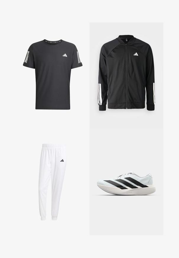 Svart treningsjakke med frontglidelås, raglanermer, hvit Adidas-logo og hvite striper på ermene. Glatt stoff med elastiske mansjetter.; Svart kortermet treningstrøyte laget av teksturert stoff. Har hvite tre-stripes detaljer på ermene og Adidas-logoen på fronten.; Hvite treningsbukser laget av glatt stoff, med elastisk midje og tettsittende mansjetter, med en svart logo på baklommen.; Lette løpesko i lys blå med svarte striper. Har en myk overdel, rund tå og tykk hvit mellomsole merket "LIGHTSTRIKE PRO."