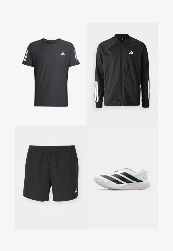 Sort atletisk jakke med lynlås foran, raglanærmer, hvidt Adidas-logo og hvide striber på ærmerne. Glat stof med elastiske manchetter.; Sort kortærmet træningsskjorte lavet af struktureret stof. Har hvide tre-stribes accenter på ærmerne og Adidas-logoet på fronten.; Sorte atletiske shorts med elastisk talje, sideskår og reflekslogo detajler. Fremstillet af letvægts, glat stof.; Letvægtige løbesko i lys blå med sorte striber. Har en glat overdel, rund tå og tyk hvid mellemsål mærket "LIGHTSTRIKE PRO."