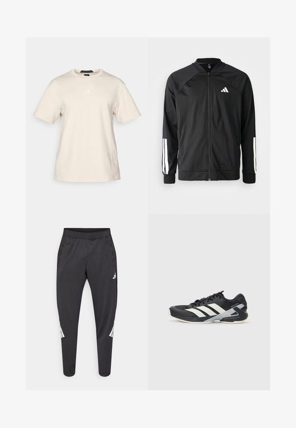 Svart treningsjakke med frontglidelås, raglanermer, hvit Adidas-logo og hvite striper på ermene. Glatt stoff med elastiske mansjetter.; Beige bomull T-skjorte med korte ermer, rund hals og en subtil hvit Adidas-logo på brystet. Glatt tekstur med minimale sømmer.; Svarte treningsbukser med smalere ben, elastisk midjebånd, sidelommer og hvite logo- og stripedetaljer. Laget av et mykt, lett materiale.; Svart treningssko med hvite striper, mesh-overdel, avrundet tå og polstret såle. Har en teksturert hæl og et sikkert snøresystem.