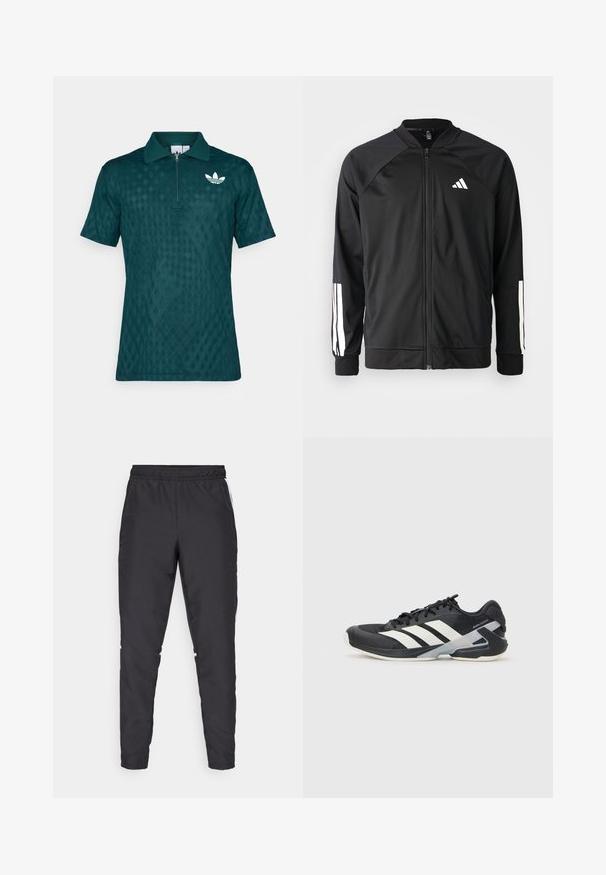Schwarze Sportjacke mit einem Frontreißverschluss, Raglanärmeln, weißem Adidas-Logo und weißen Streifen an den Ärmeln. Glattes Gewebe mit elastischen Bündchen.; Türkise Polo-Shirt mit Reißverschlusskragen, strukturierter Rautenoptik und weißem Logo-Akzent auf der linken Brust. Kurze Ärmel.; Schwarze Sporthose mit elastischem Bund, schmal zulaufenden Beinen und weißen Seitenelementen. Hergestellt aus synthetischem Material mit glatter Textur.; Schwarzer Sportschuh mit weißen Streifen, Obermaterial aus Mesh, runde Zehenform und gepolstertem Sohlenteil. Verfügt über eine strukturierte Ferse und ein sicheres Schnürsystem.