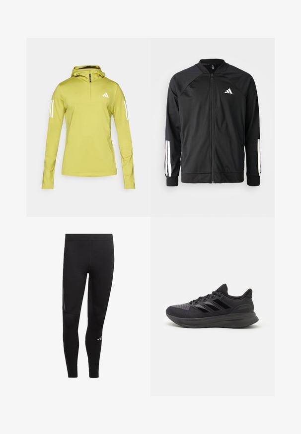 Black athletic jacket with a front zipper, raglan sleeves, white Adidas logo, and white stripes on sleeves. Smooth fabric with elastic cuffs.; Light green long-sleeve hoodie with a half-zip, featuring white stripes on sleeves and a logo on the chest. Textured stretch fabric.; Black athletic leggings made of stretchy material, featuring a high waistband, reflective accents, and a logo near the ankle. Smooth texture.; Black athletic shoe with textured fabric upper, rubber sole, and three shiny black stripes on the side. Rounded toe and cushioned heel.