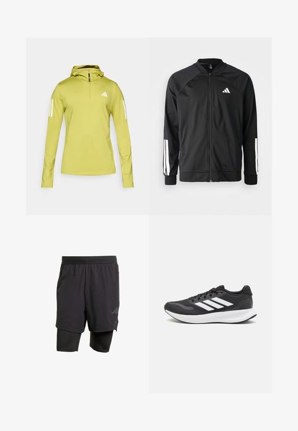 Black athletic jacket with a front zipper, raglan sleeves, white Adidas logo, and white stripes on sleeves. Smooth fabric with elastic cuffs.; Light green long-sleeve hoodie with a half-zip, featuring white stripes on sleeves and a logo on the chest. Textured stretch fabric.; Black athletic shorts with integrated inner layer, made from breathable fabric. Features subtle logo and structured texture. Adjustable waistband.; Black athletic shoe with breathable mesh upper, white accents, and a cushioned sole. Features three stripes logo on the side.